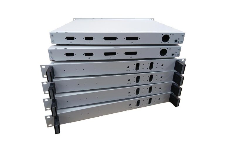 stack of 1u customised rackcases for a comms application in 2024